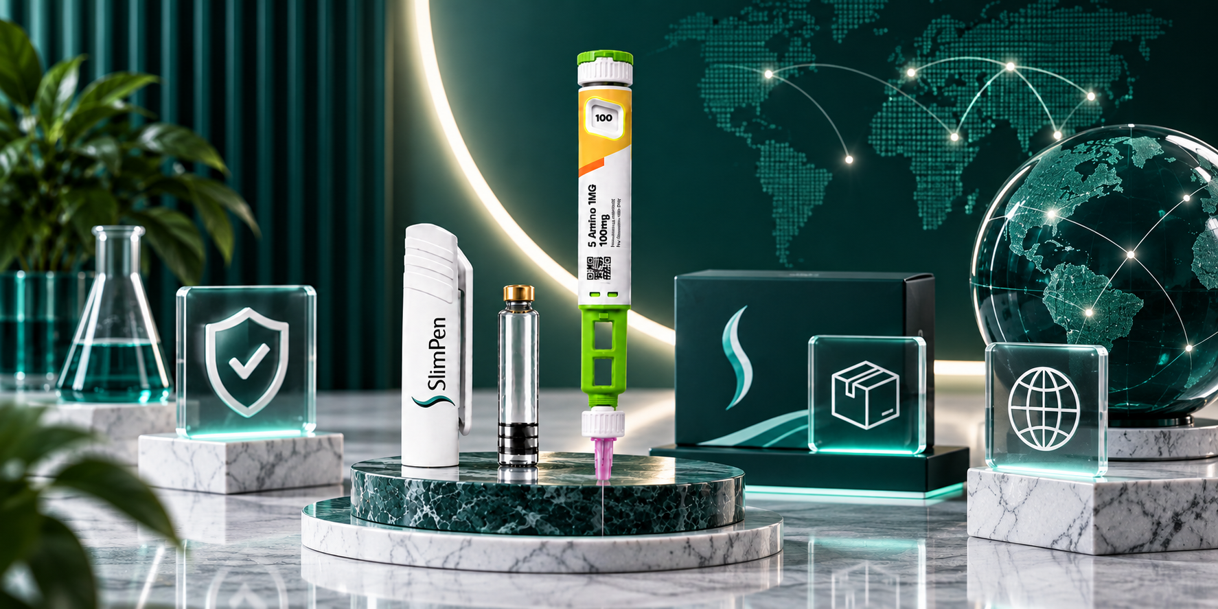 SlimPen research products and branded packaging